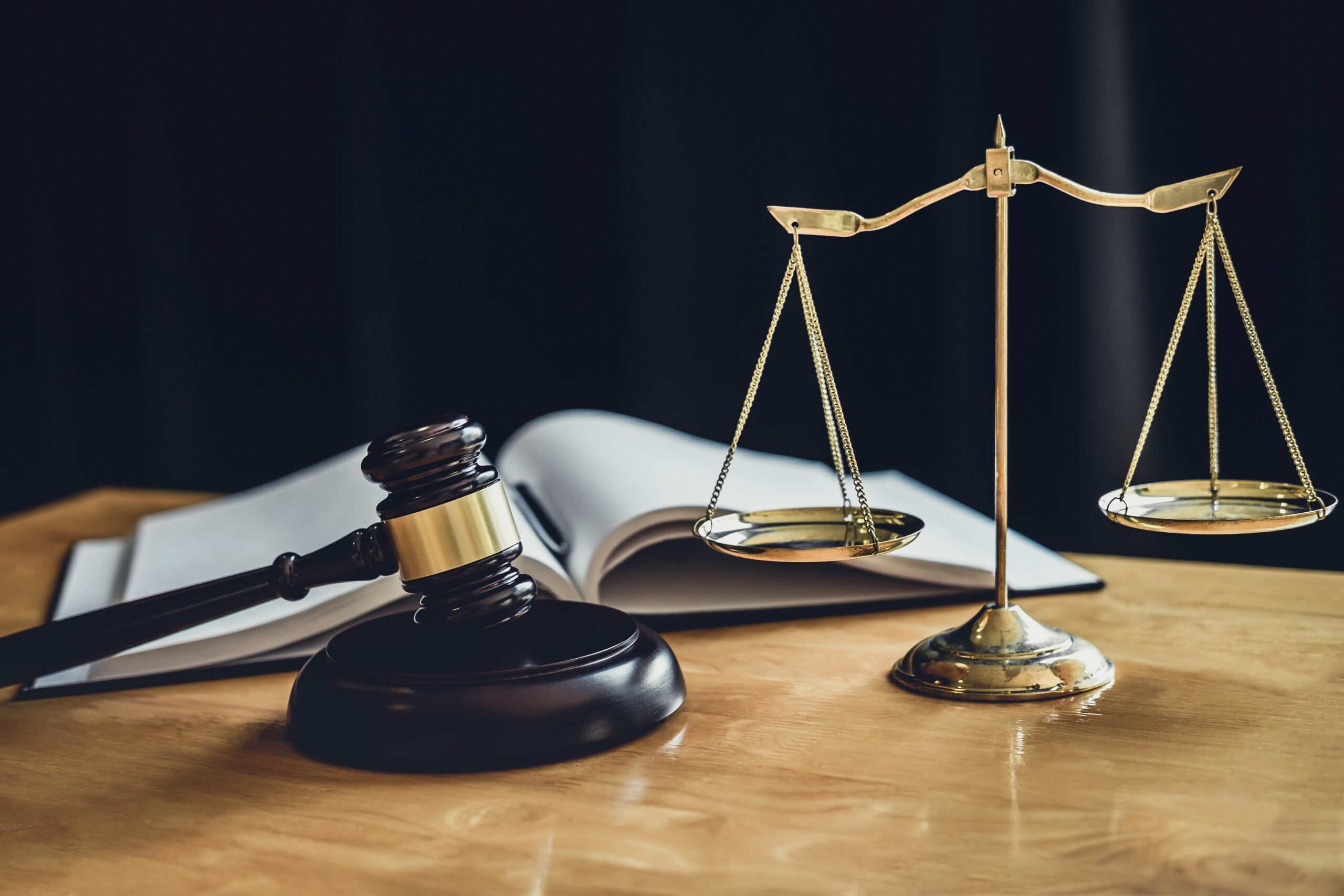 Judge gavel with Scale of justice, object documents working on t
